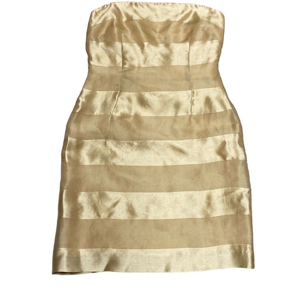 Kay Unger Shimmer Gold Stripe Silk Strapless Dress Size 8